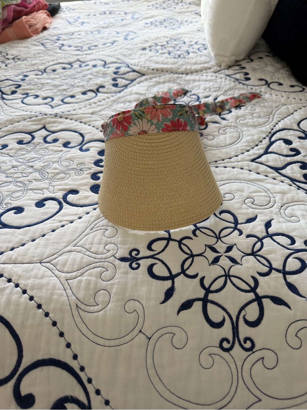 Straw Visor with Floral Tie
